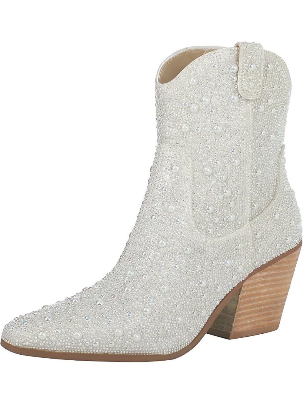 Women's Pearl White Rhinestone Sparkly Block Heel Pointed Toe Ankle Cowboy Boots